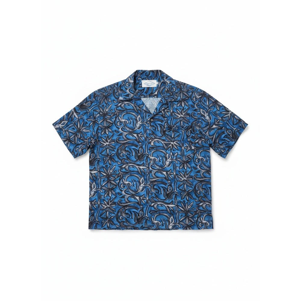 Aca Joe Beach Blue Abstract Floral Cotton Short Sleeve Camp Shirt, Men's Large